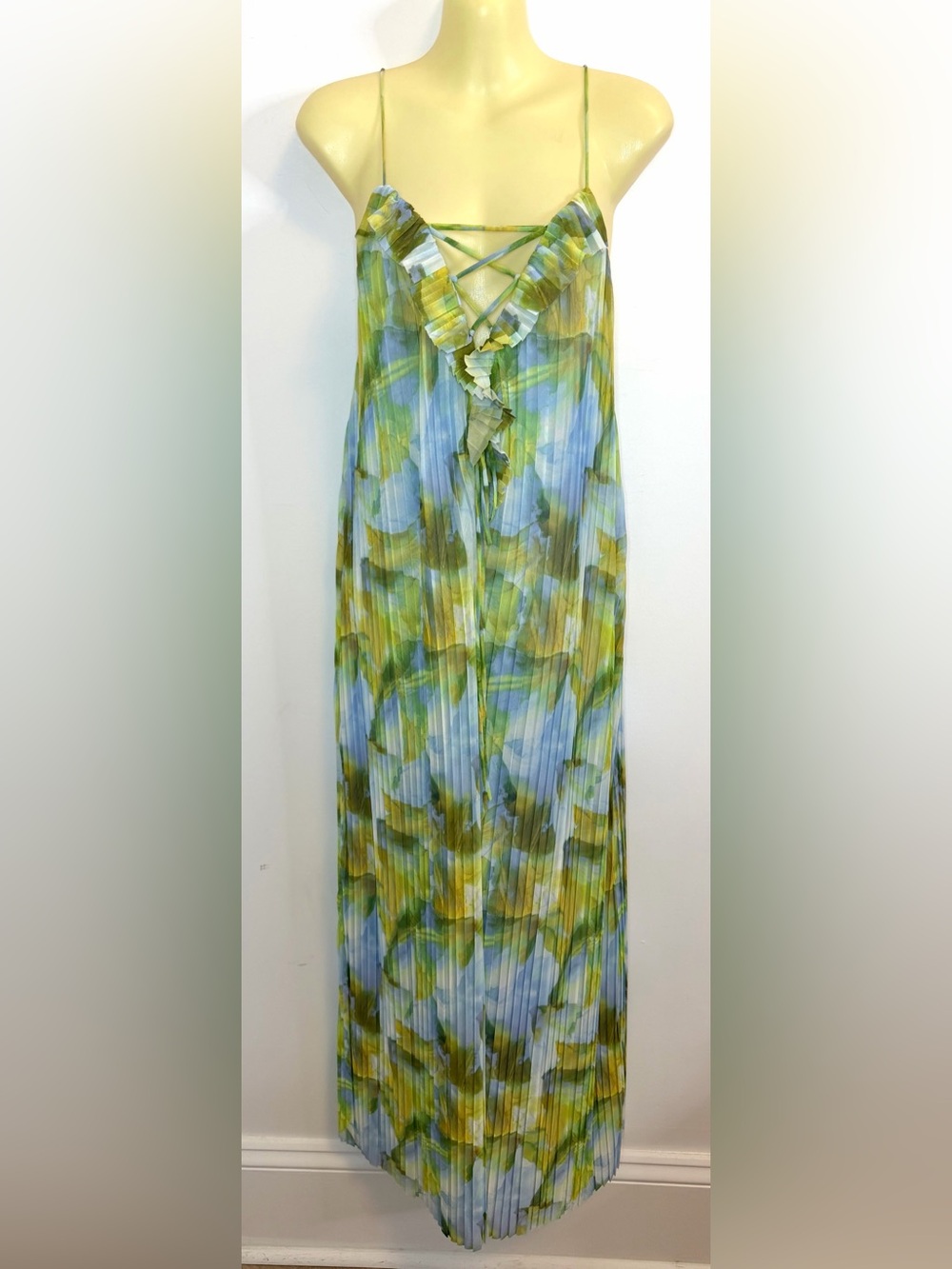 Zara Blue & Green Floral Ruffle Front Pleated Maxi Dress
